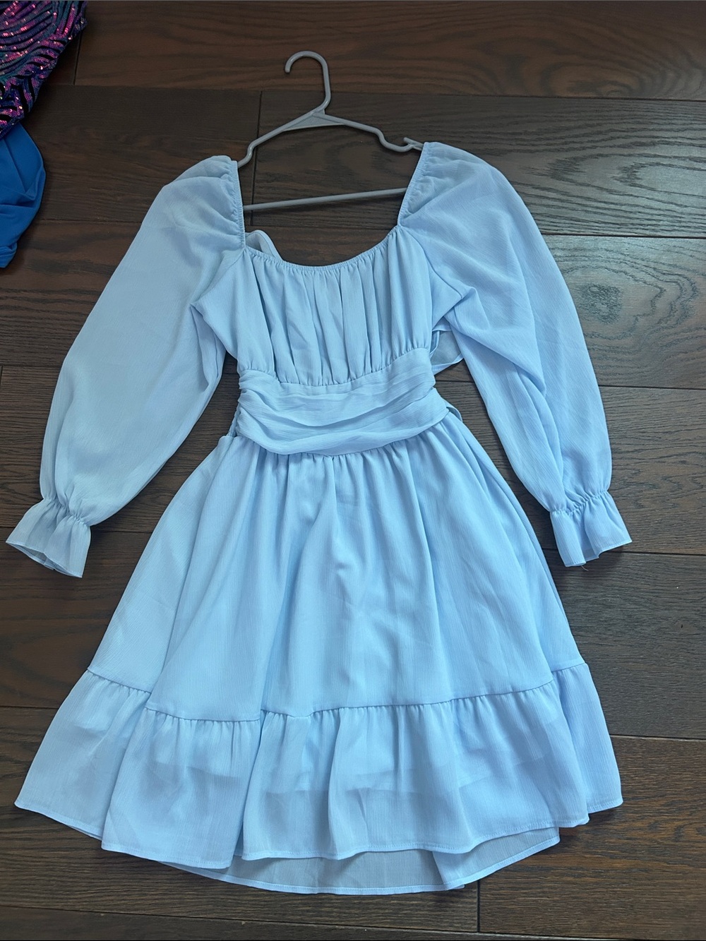 Girls Light Blue Puff Sleeve Ruffle Waist Dress